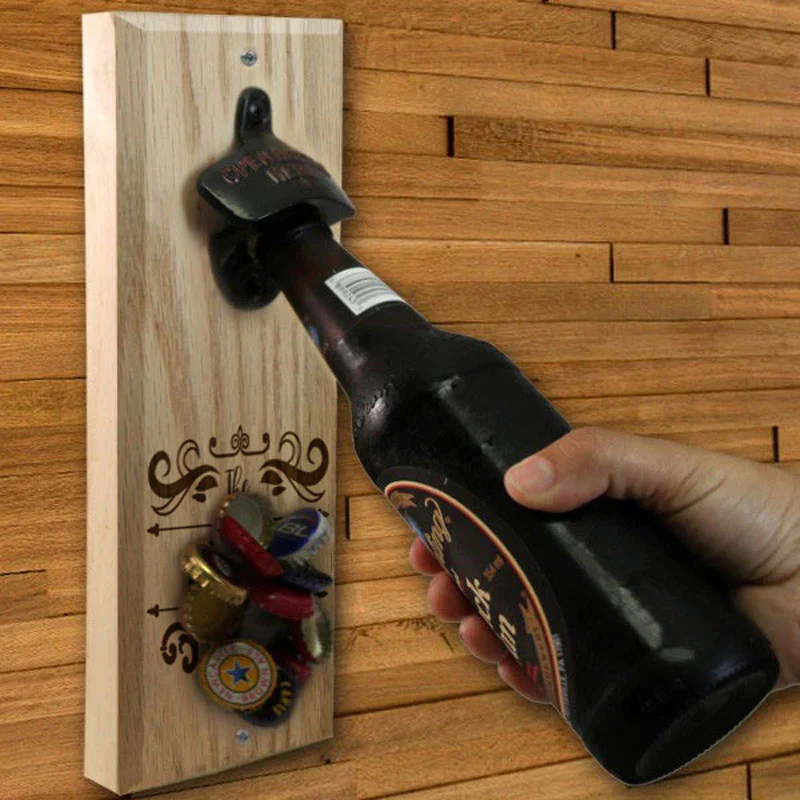 Wooden Wall Bottle Opener w/ Magnetic Cap Catcher - Custom Engraved Family Name Decorative Theme - Image 2