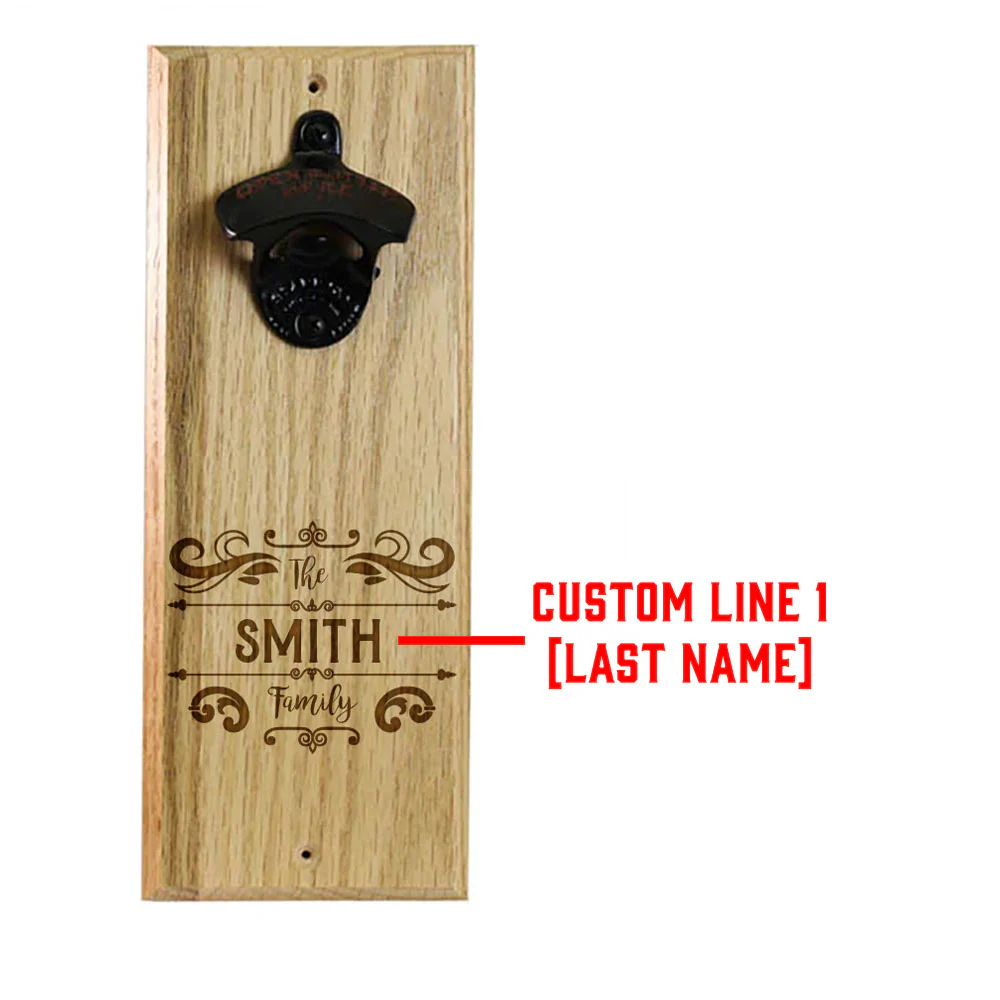Wooden Wall Bottle Opener w/ Magnetic Cap Catcher - Custom Engraved Family Name Decorative Theme - Image 3