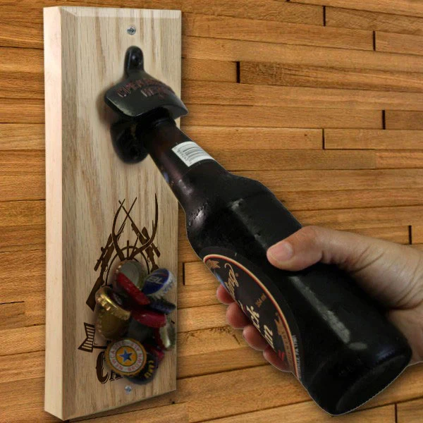 Wooden Wall Bottle Opener w/ Magnetic Cap Catcher - Custom Engraved Hunting Cabin Theme - Image 2