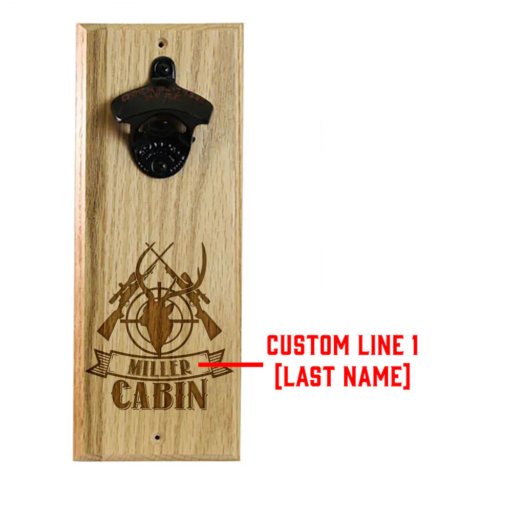 Wooden Wall Bottle Opener w/ Magnetic Cap Catcher - Custom Engraved Hunting Cabin Theme - Image 3