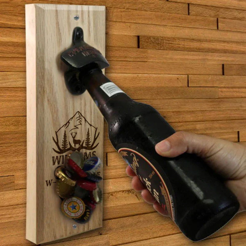 Wooden Wall Bottle Opener w/ Magnetic Cap Catcher - Custom Engraved Mountain Cabin Theme - Image 2