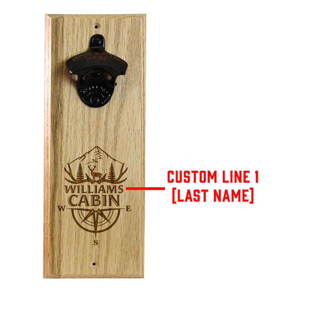 Wooden Wall Bottle Opener w/ Magnetic Cap Catcher - Custom Engraved Mountain Cabin Theme - Image 3
