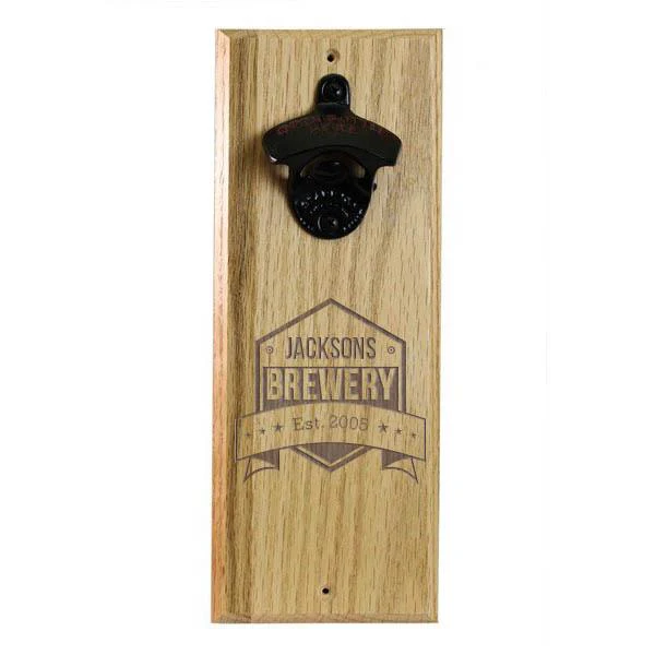 Wooden Wall Bottle Opener w/ Magnetic Cap Catcher - Engraved Brewery