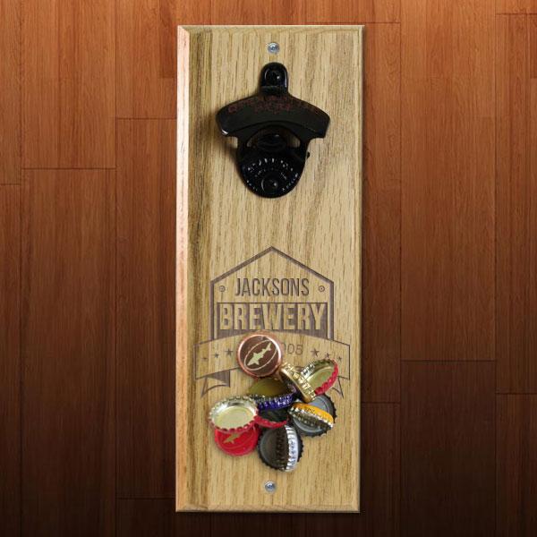 Wooden Wall Bottle Opener w/ Magnetic Cap Catcher - Engraved Brewery - Image 2