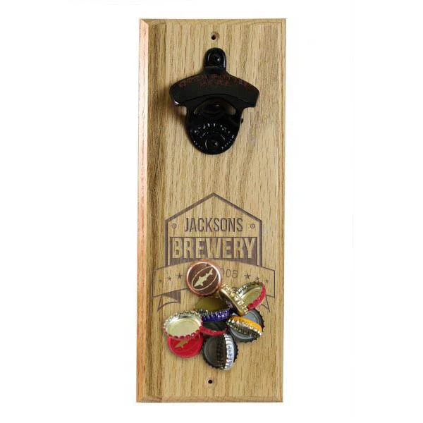 Wooden Wall Bottle Opener w/ Magnetic Cap Catcher - Engraved Brewery - Image 3