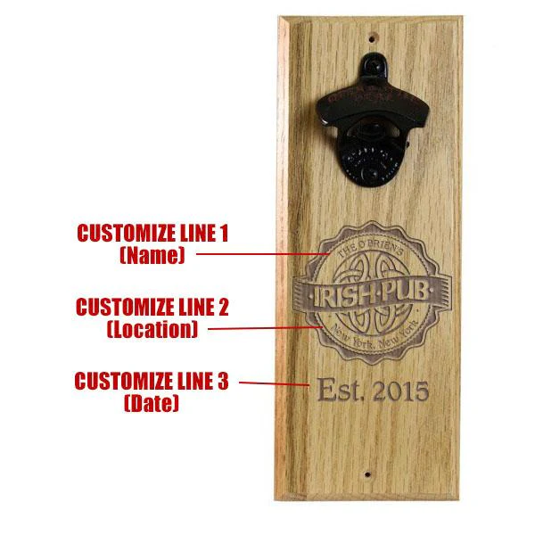 Wooden Wall Bottle Opener w/ Magnetic Cap Catcher - Engraved Irish Pub - Image 2