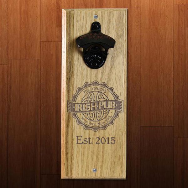 Wooden Wall Bottle Opener w/ Magnetic Cap Catcher - Engraved Irish Pub - Image 3