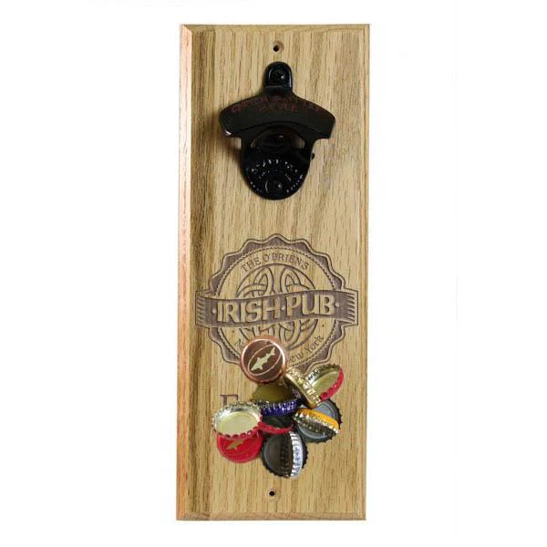 Wooden Wall Bottle Opener w/ Magnetic Cap Catcher - Engraved Irish Pub - Image 4