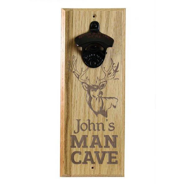 Wooden Wall Bottle Opener w/ Magnetic Cap Catcher - Engraved Man Cave
