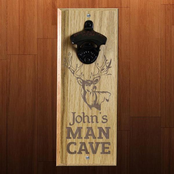 Wooden Wall Bottle Opener w/ Magnetic Cap Catcher - Engraved Man Cave - Image 2