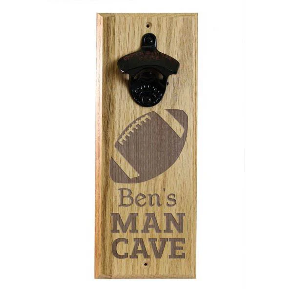 Wooden Wall Bottle Opener w/ Magnetic Cap Catcher - Engraved Man Cave - Image 3