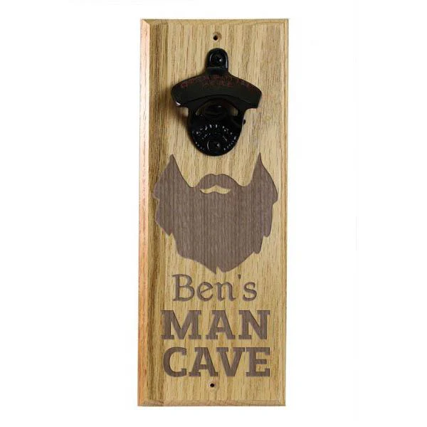 Wooden Wall Bottle Opener w/ Magnetic Cap Catcher - Engraved Man Cave - Image 4