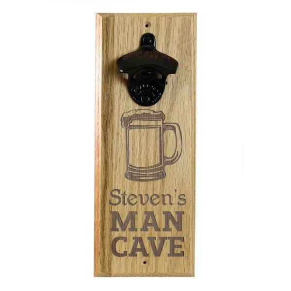 Wooden Wall Bottle Opener w/ Magnetic Cap Catcher - Engraved Man Cave - Image 6