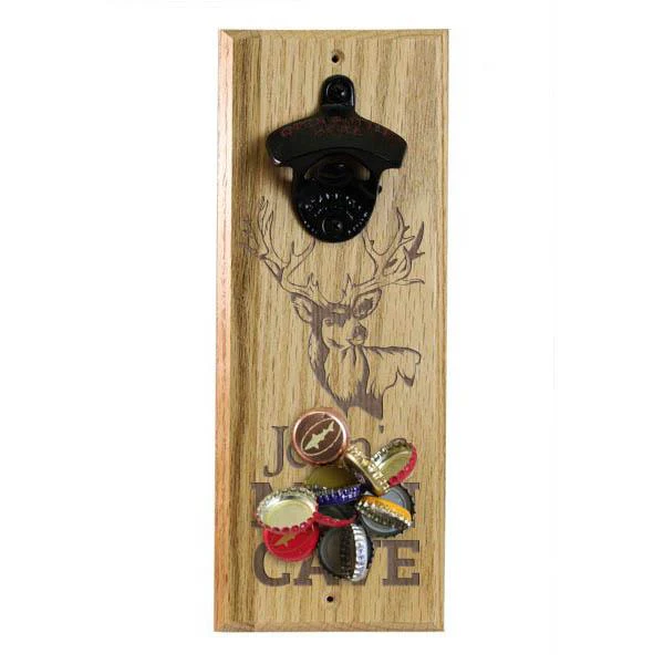 Wooden Wall Bottle Opener w/ Magnetic Cap Catcher - Engraved Man Cave - Image 7