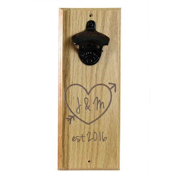 Wooden Wall Bottle Opener w/ Magnetic Cap Catcher - Engraved Tree Heart