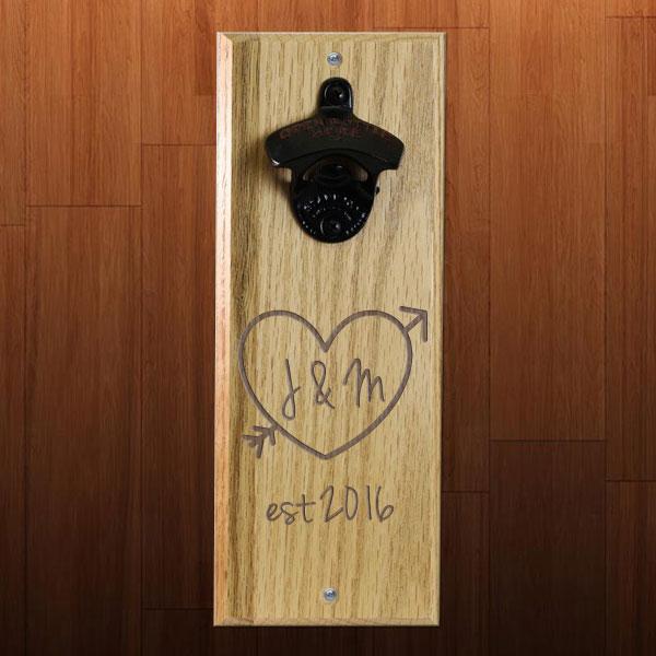 Wooden Wall Bottle Opener w/ Magnetic Cap Catcher - Engraved Tree Heart - Image 2