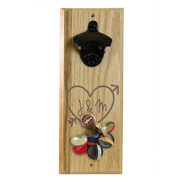 Wooden Wall Bottle Opener w/ Magnetic Cap Catcher - Engraved Tree Heart - Image 3