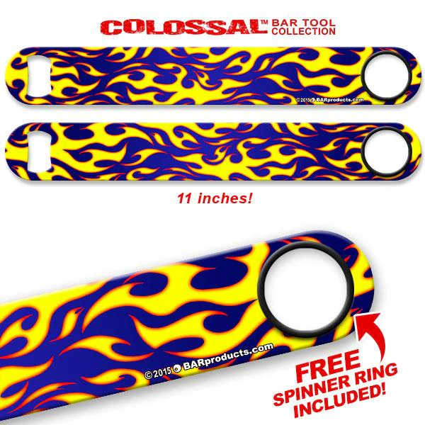 Yellow / Blue Flames Kolorcoat™ 11" Long COLOSSAL™ Speed Bottle Opener